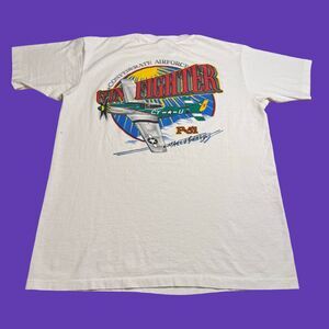 Vintage P-51 Mustang Mens L White T Shirt WWII Fighter Jet Military USA Distress